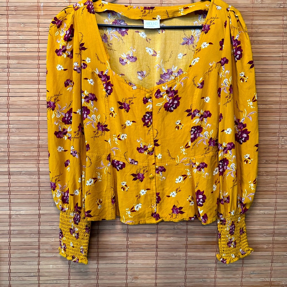 Purple and yellow floral low cut long sleeve blouse - Picture 2 of 10